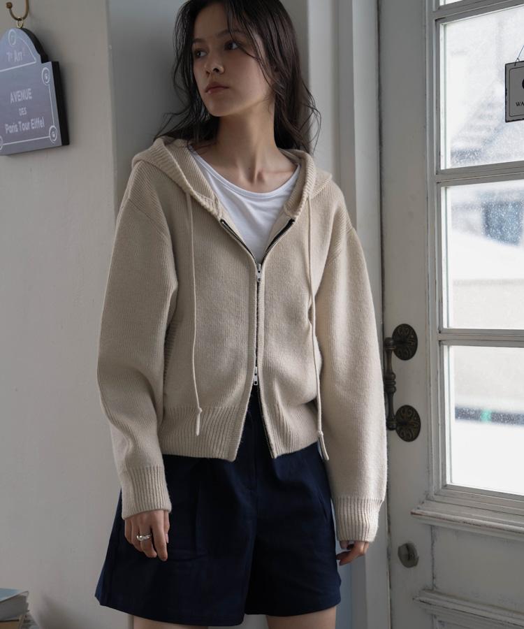 DEHEVE Two-Way Hood Zip-Up Knit [Beige]