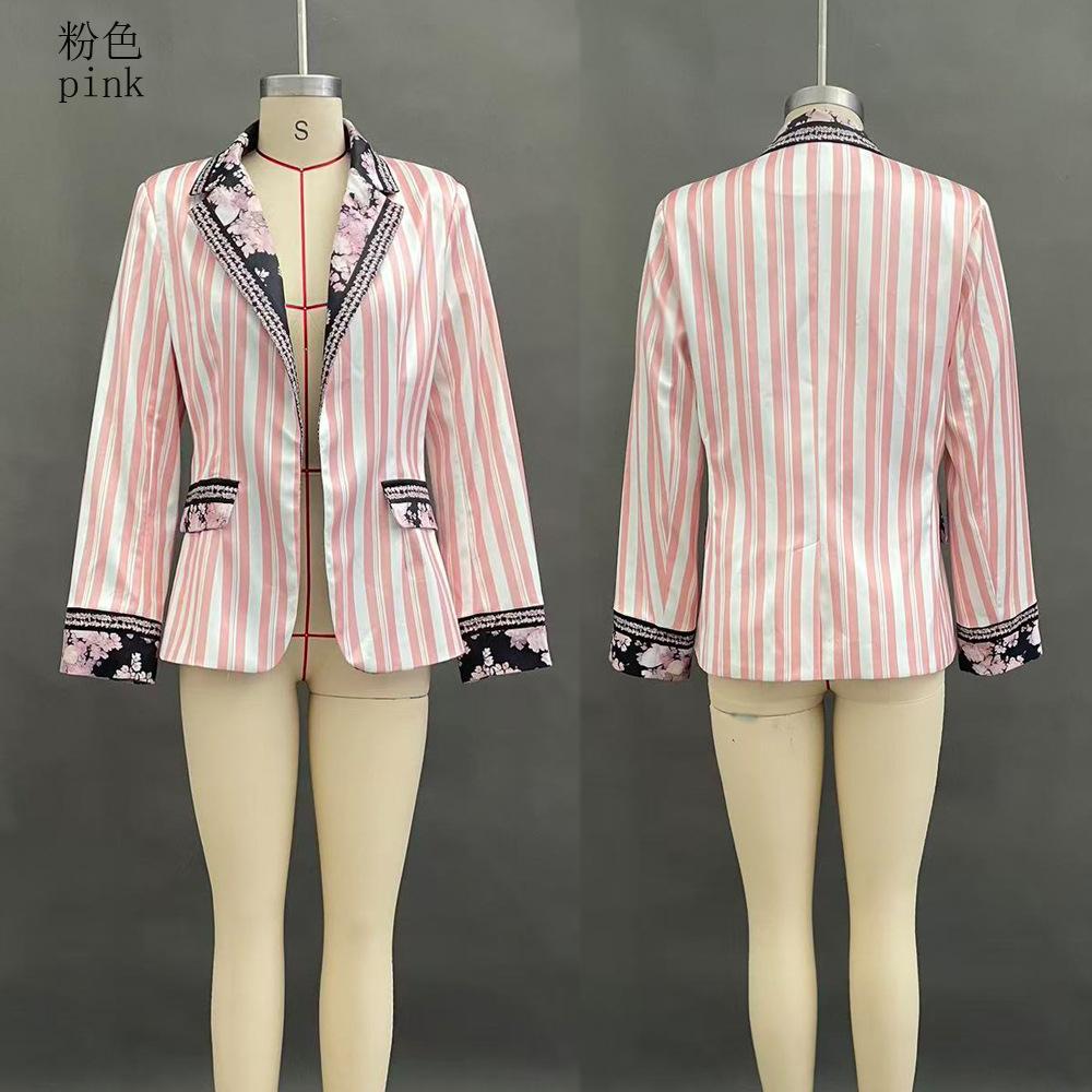 Cross-border Best-selling Women's Bohemian Style European and American Color-block Striped Blazers