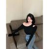 Fashion Off-the-shoulder Long Sleeved Knitted T-shirt Spring Autumn Black Oblique Collar Short Inner Casual Tshirs Elegant Basic Slim Fit Clothing