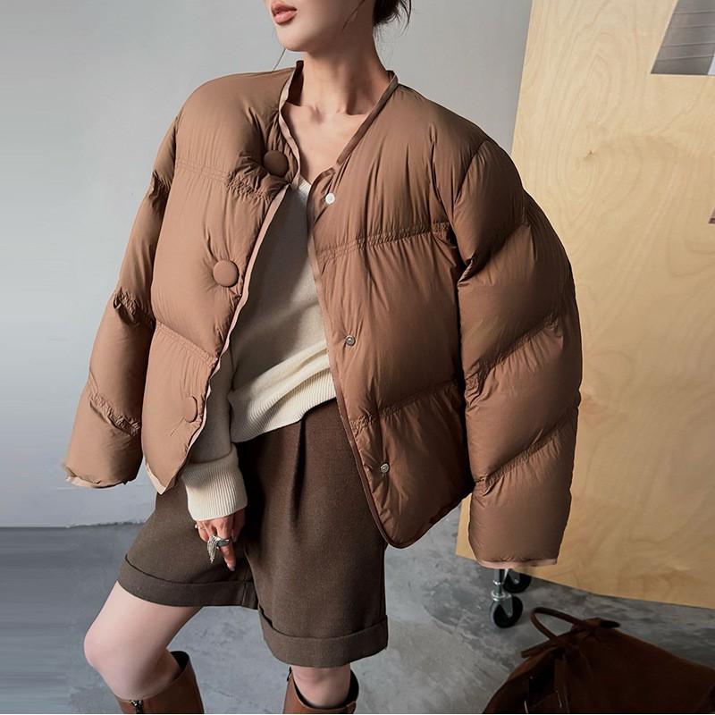 Womens Puffy Down Jacket With 90% White Duck Round Neck Oversized Fit Winter 2026