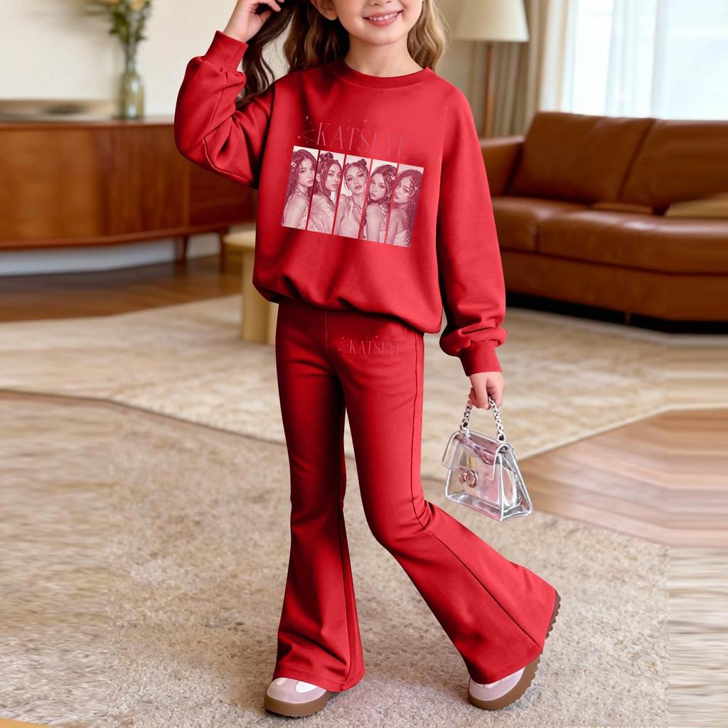 Kids Printed Long Sleeve Neck Top and Pants Set, Casual Loose Fit Outfit for Boys Girls
