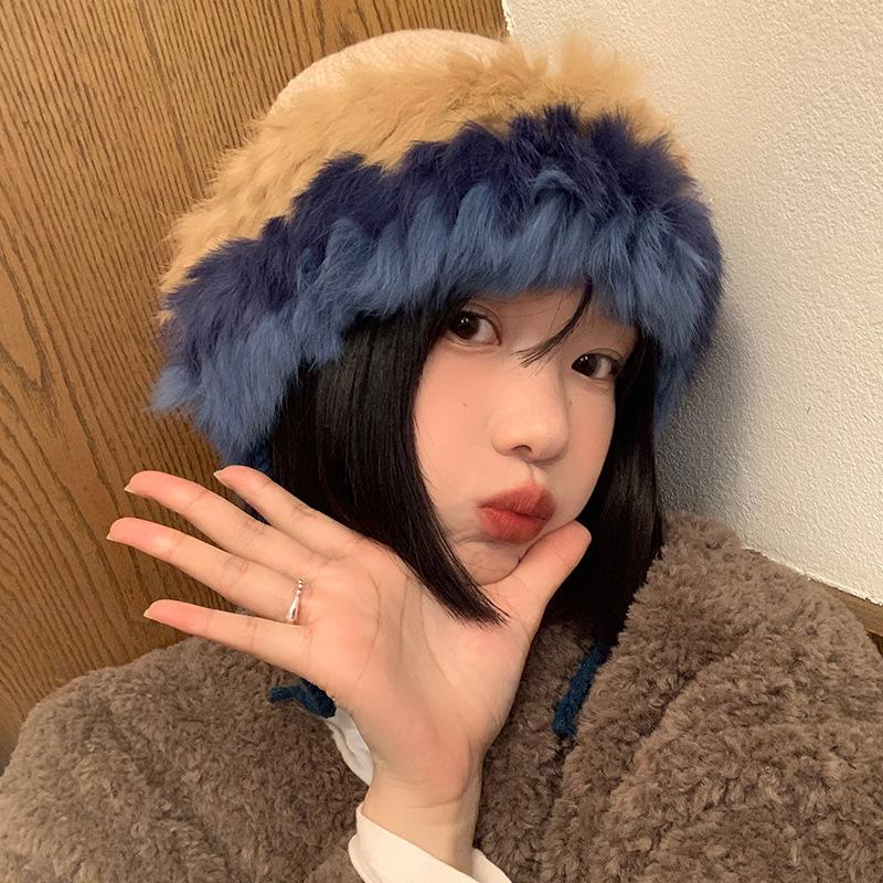 Autumn and Winter Women's Rabbit Fur Knitted Hat Warm Wool Hat  Korean Style Sweet and Cute Plush Ear Protecting Headband Hat