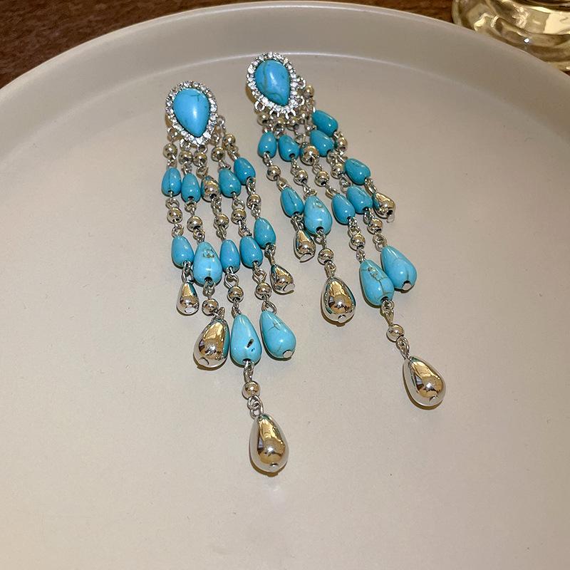 Silver Needle Diamond Turquoise Water Drop Fringed Earrings Women s Ethnic Style Fashion Long Earrings Bohemian Temperament Earrings