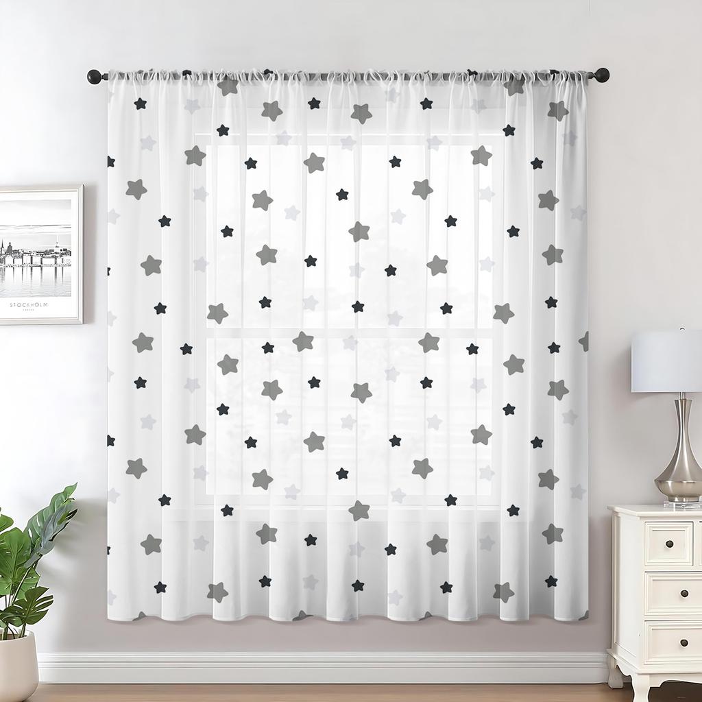 Simple Grey Tone One Piece Starfall Dust Free Rod Mounted Window Screen Living Room Bedroom Decorative Peacefulness Curtain Polyester Perfect For