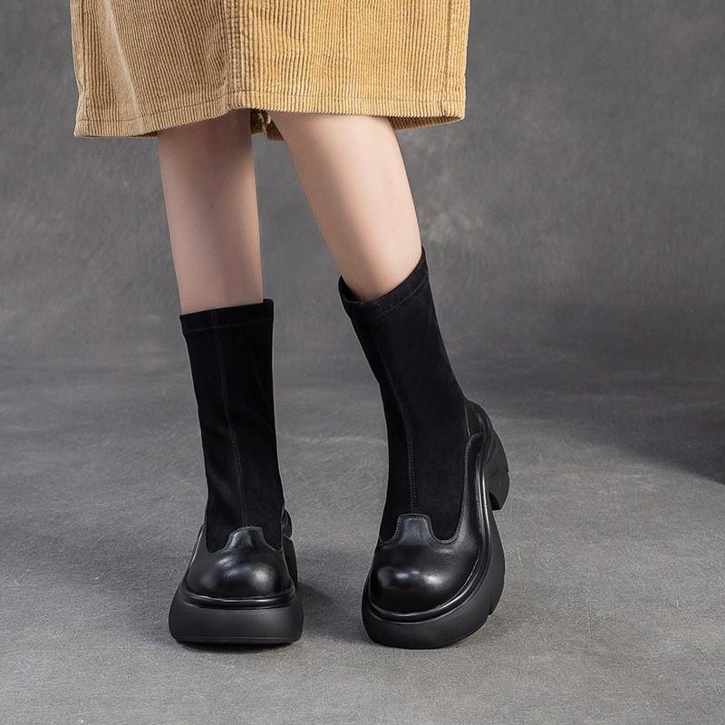 Johnature Retro Solid Color Mid-calf Boots Genuine Leather Comfortable Thick Soled Versatile Women's Shoes