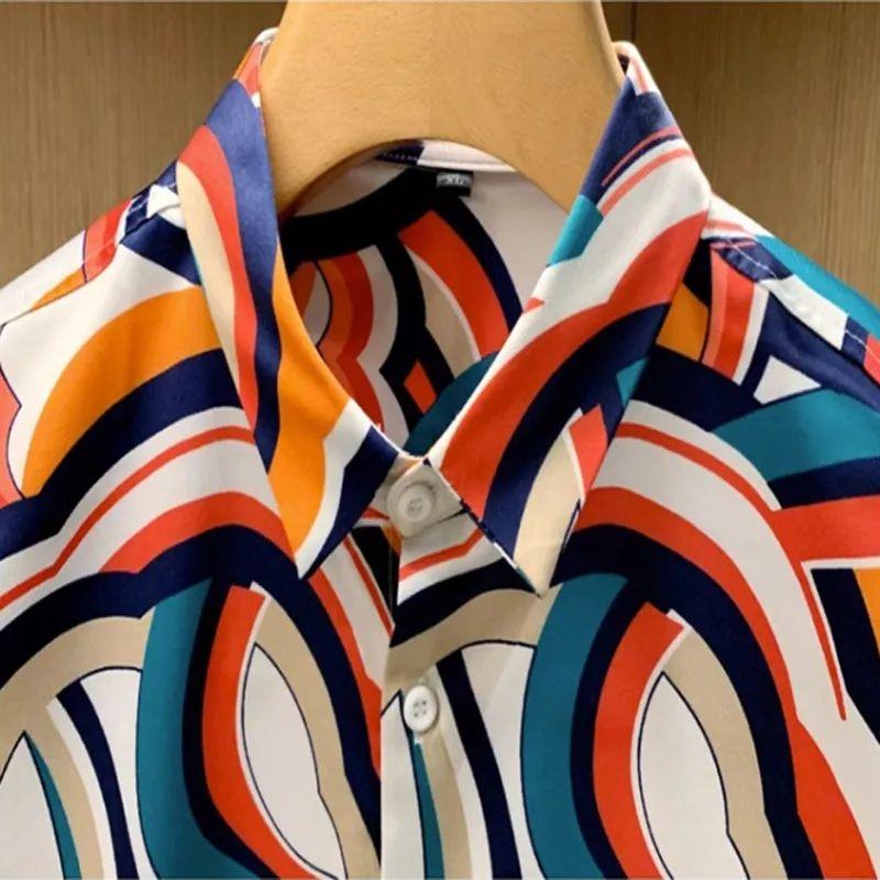 New Spring Korean Wave Fashion Personalized Casual Versatile Printed Long Sleeve Slim Button Men's Shirt Top