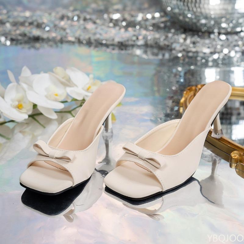 New Summer 2025 Square Headed Fairy Bow High Heeled Fashionable Slippers Thin Heels a Strap Wearing Outside Comfortable Sandals