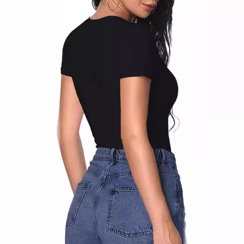 European-American Cross-border Women's Slim Fit V-Neck Pink T-Shirt - Summer Short-Sleeve Pullover