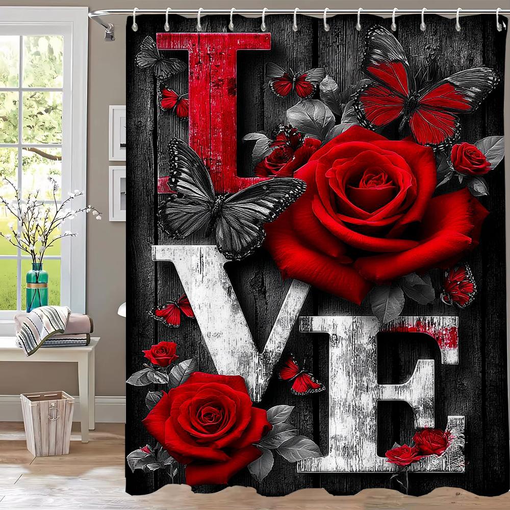 

Love Flowers Rose Shower Curtain, Bathroom Decorative Shower Curtain, Printed Valentine S Day Home Curtain With Hooks W60H190(CM)-1 Pcs