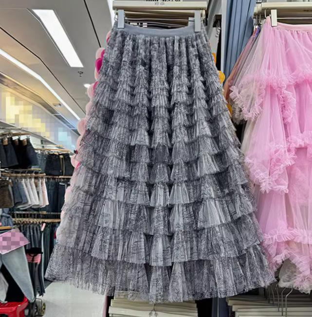 Verlaufender Retro Batik Mesh Tüll Midi Rock