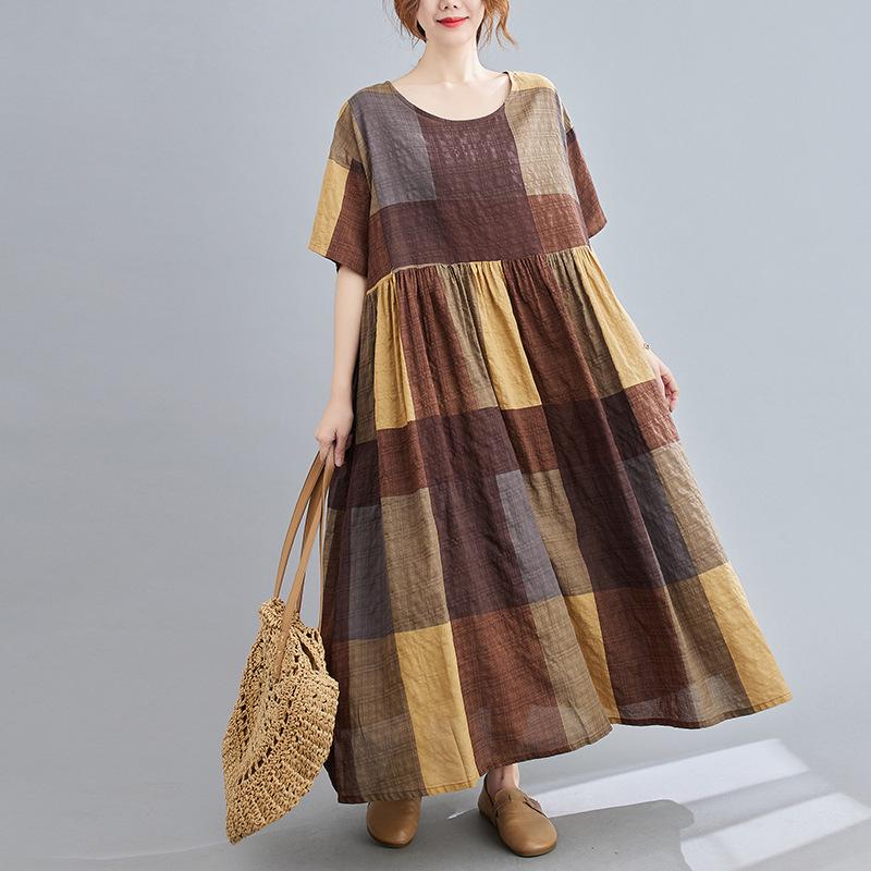 2023 Spring/Summer Plus Size Women's Cotton Linen Print Midi Dress - Short Sleeve