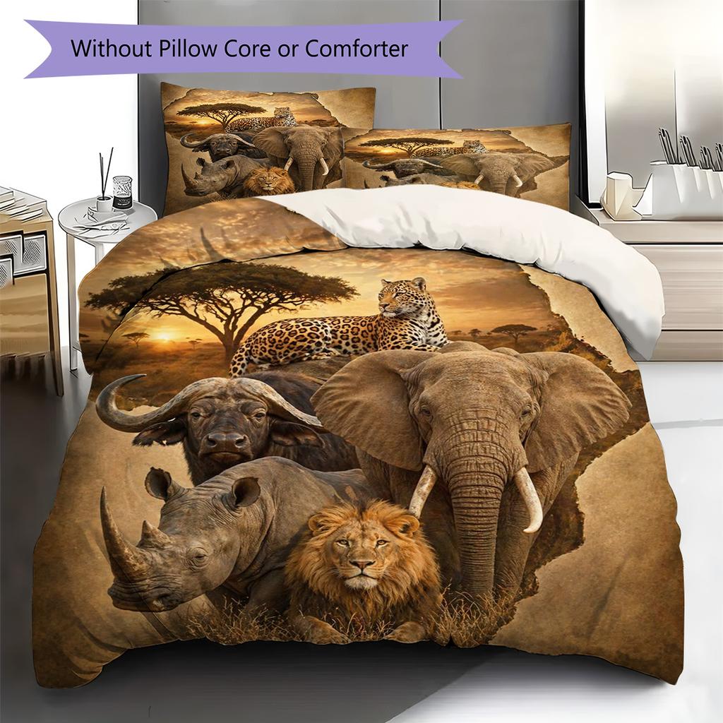 African Animals Pattern Bedding Set Quilt Cover Pillowcase Home Decor Gift (1 * Duvet Cover + 2 * Pillowcase, Without Core)