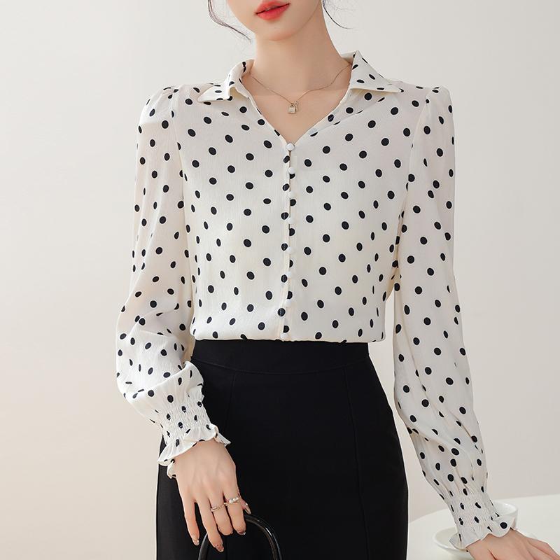 Women Blouses Shirts 2025 Spring Long Sleeve Women Blouse Shirt Turn Down Collar Dot Chiffon Blouse Shirt Women Tops J912