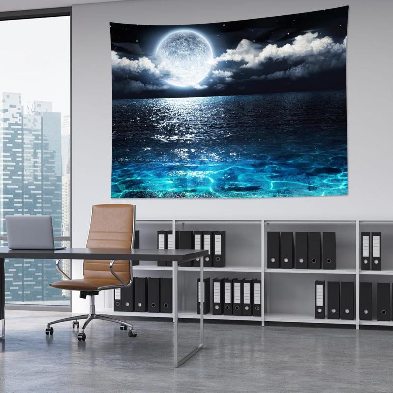 Sea Moonrise Tapestry Ocean Waves and Moonlit Night Living Room, Bedroom, Headboard Feature Wall Home Decor