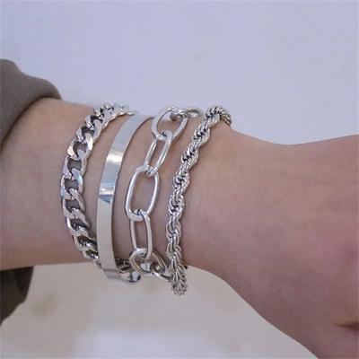 New 4 Pcs/Set Punk Gold Silver Metal Thick Chain Twisted Bracelet Bangles for Women Hip Hop Party Jewelry Gift