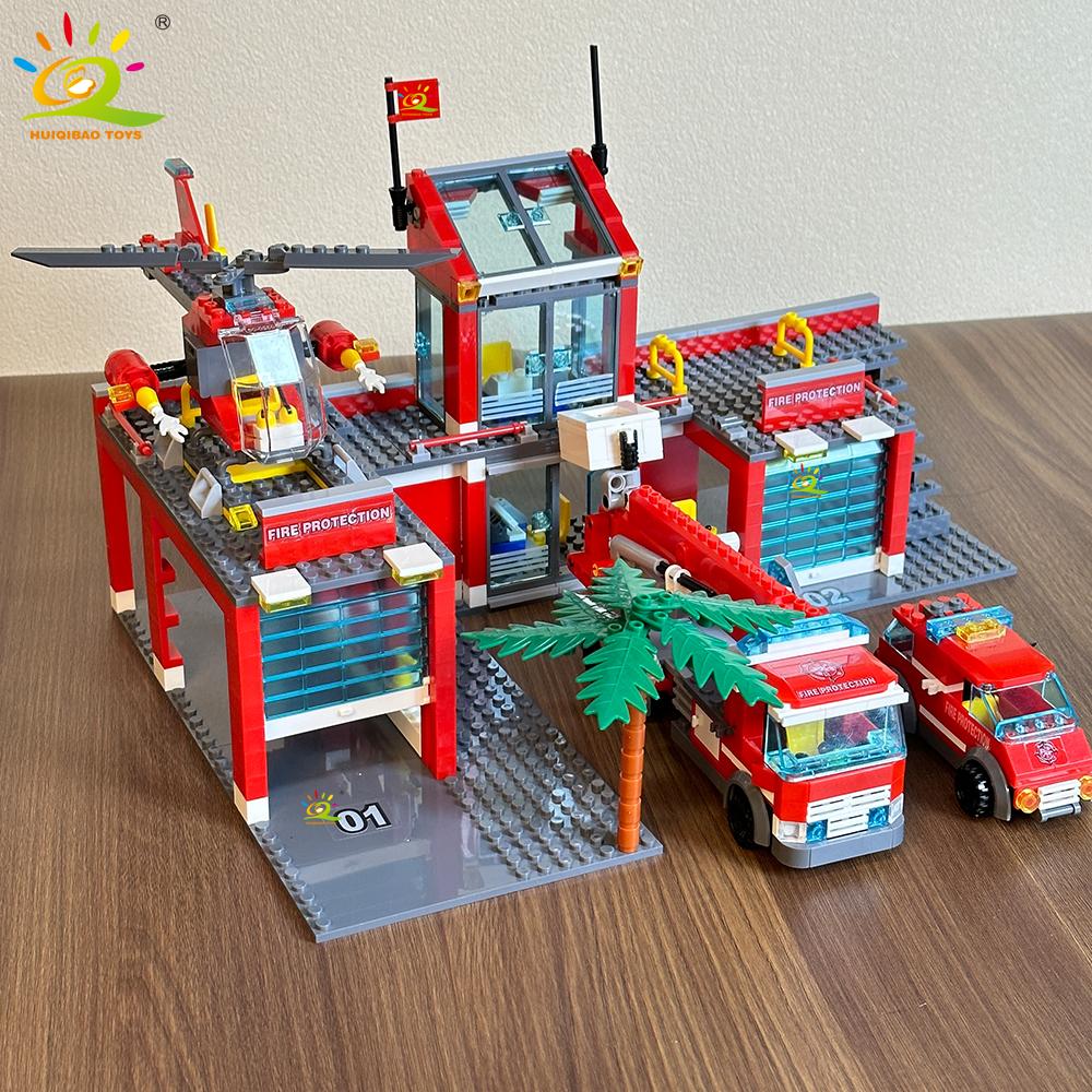 756pcs Fire Station with Helicopter Model Building Blocks Fire Truck Firefighter Bricks City DIY Toys For Children Gift
