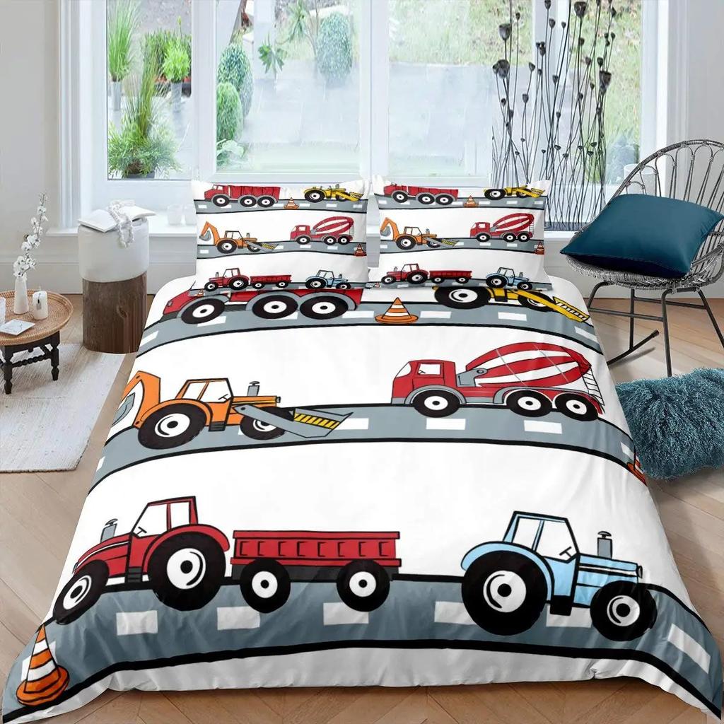 Conjunto de Roupa de Cama com Desenho de Escavadora e Trator de Construção 2/3 Peças King Amarelo Capa de Edredom Caminhão de Máquinas Capa de Colcha de Poliéster Carro para Crianças