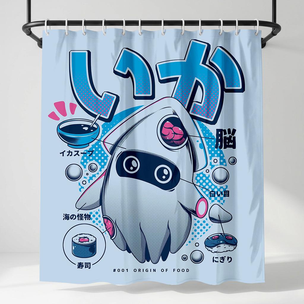 

Funny Japanese Squid Sushi Monster Shower Curtain, Kawaii Foodie Infographic Bath Decor, Creative Anime Style Bathroom Decor W60H190(CM)-1 Pcs