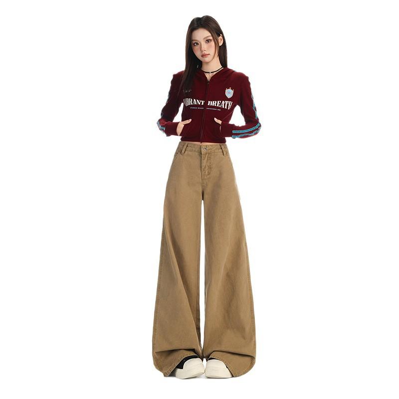 American khaki overalls women's autumn new multi-pocket retro casual wide-leg loose straight slightly pulled jeans