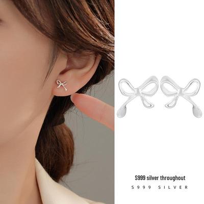 Banyan Tree S999 Silver Bowknot Earrings for Women – Comfortable for Sleeping, Perfect for Students & Girly Style.