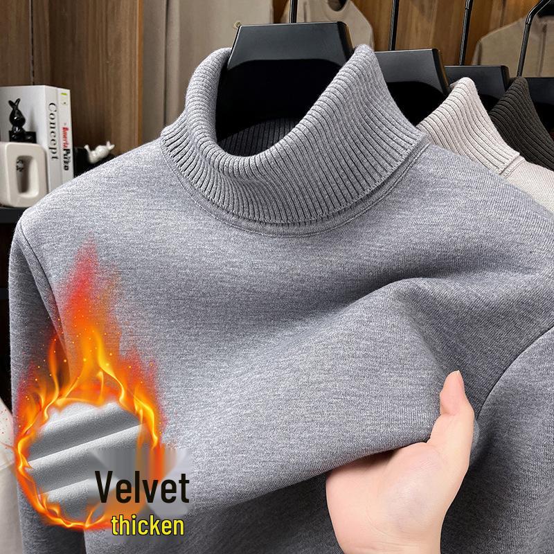 Men's Thick Velvet Wool Sweater - Machine Washable High Neck, Autumn/Winter, 550g Warm Base Layer