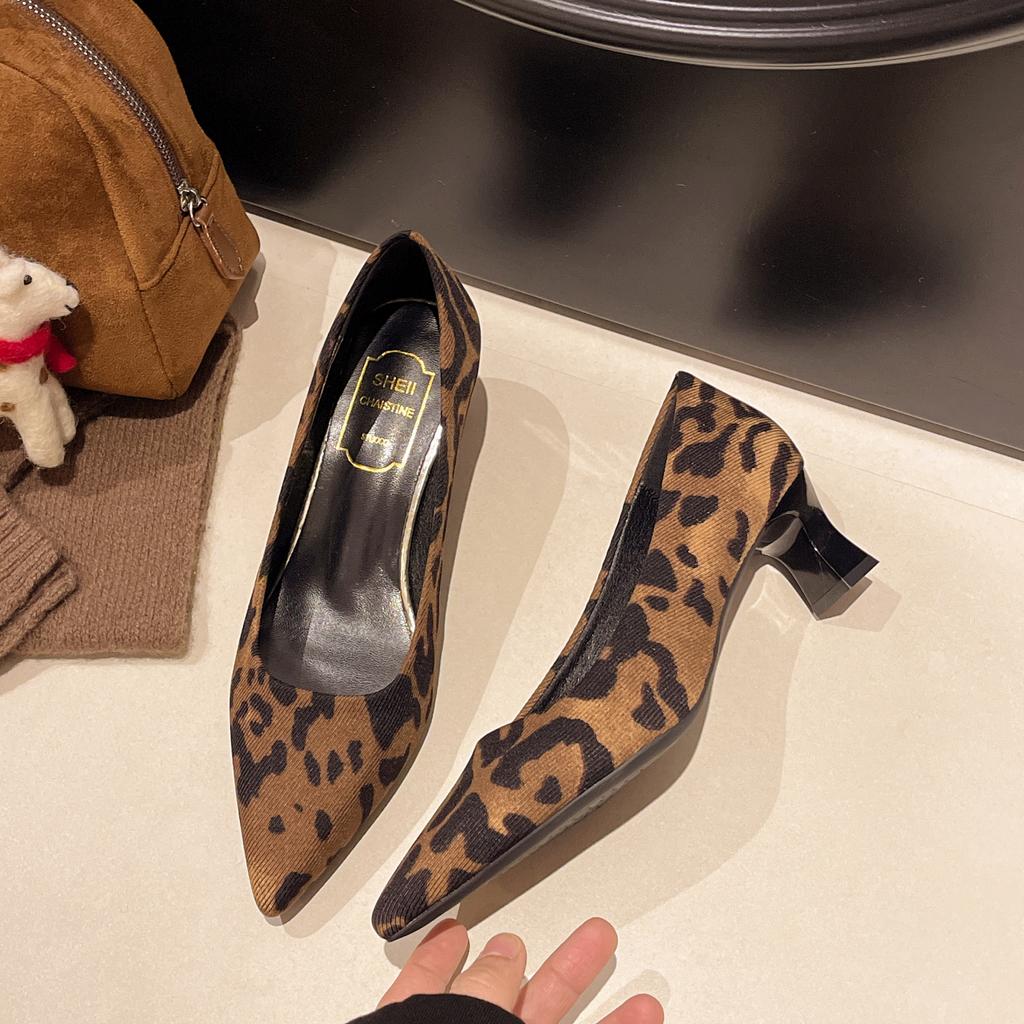 Sharp Pointed French Leopard Print Cat Heel Women's Singles 2025 New Shallow Mouth Commuting Versatile Women's Office High Heels