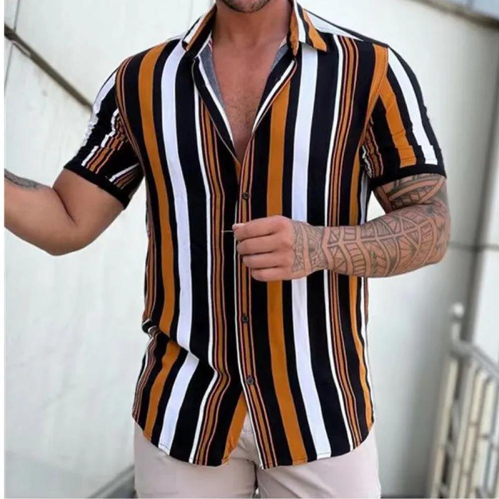 New Men's Striped Print Shirt, Casual Short Sleeve Turn-down Collar Summer Tops