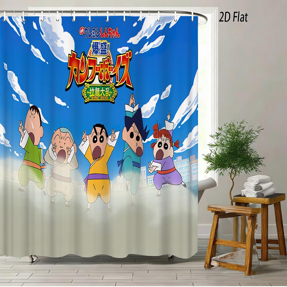 Crayon Shin-Chan Cheese & Shiro 2D Print Waterproof Shower Curtain, Cute Cartoon Bathroom Decor With Hooks