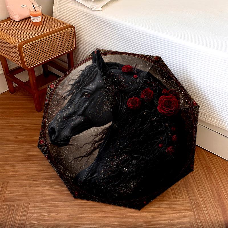 1 PC Automatic Folding Umbrella - Black Horse Pattern, Portable & Foldable Design with 8 Ribs, Christmas Birthday Gifts