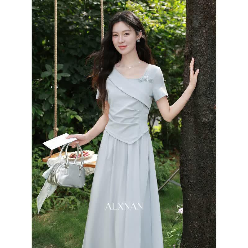 Lu Xiangnan Women s Chic Blue A-Line Summer Maxi Dress M синий
