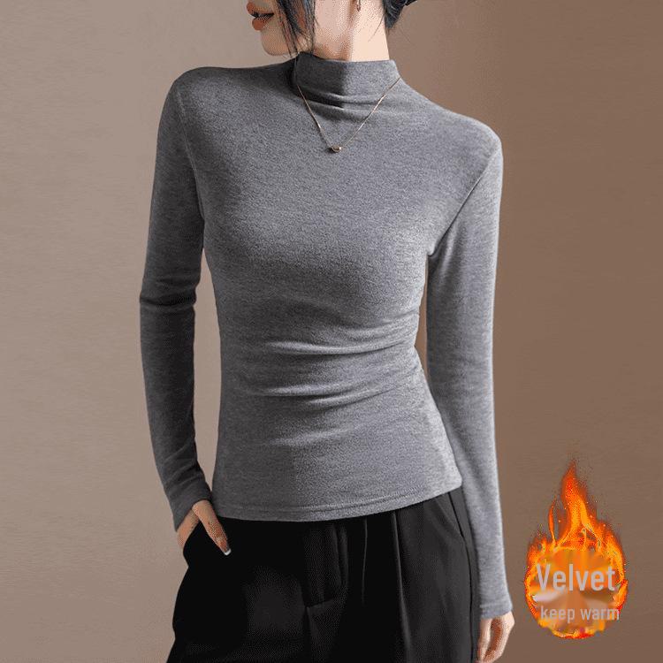 Women's Slim Fit Pleated Long-Sleeve German Velvet Turtleneck Top for Autumn/Winter