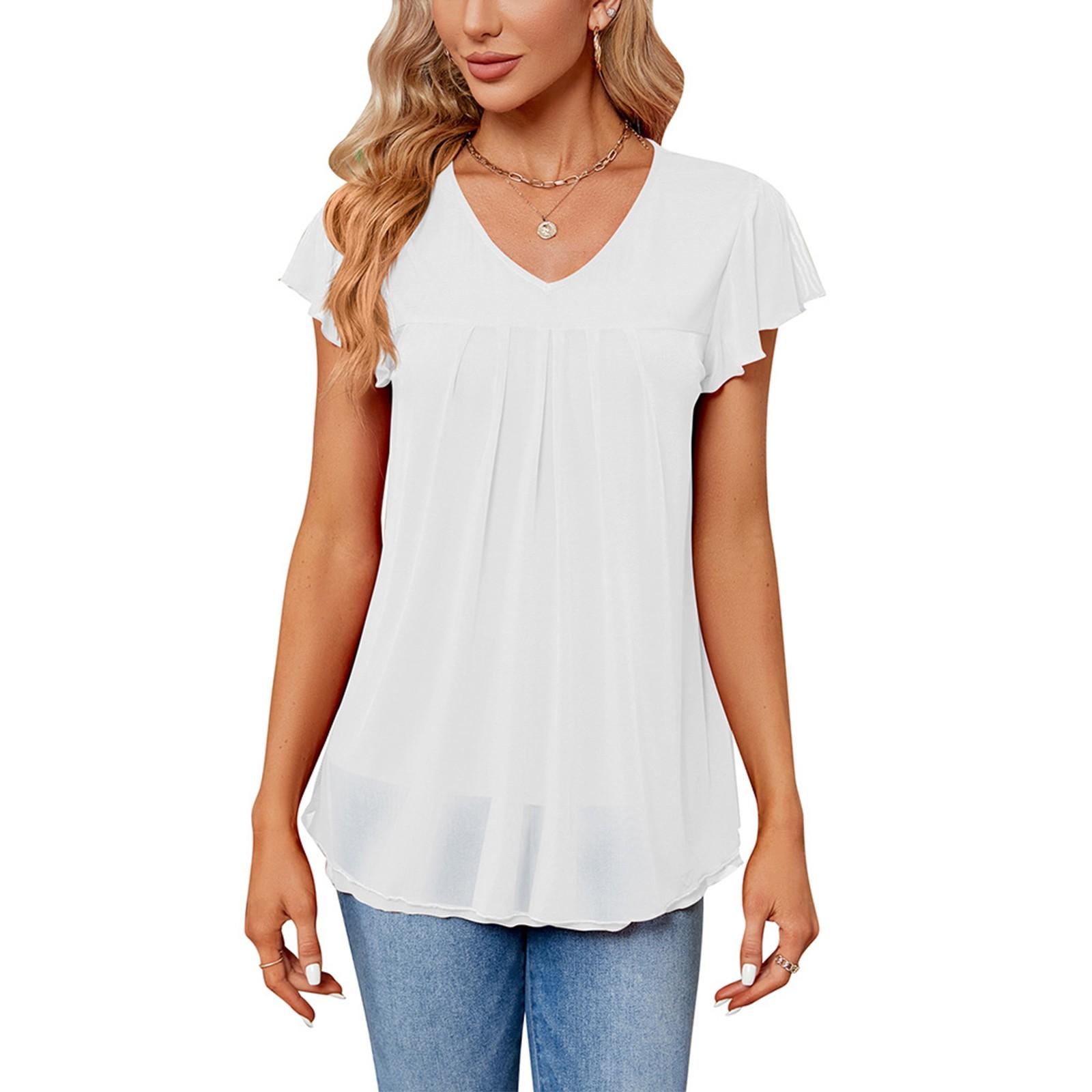 

Жіноча модна одноколірна повсякденна плісирована футболка з V-подібним вирізом і короткими рукавами XL білий