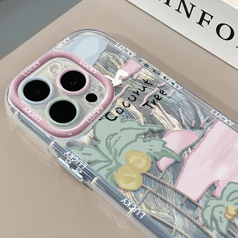 Coconut Tree Beach Is Suitable for Apple 15 Phone Case, Feather Cream, 16promax, Feather Xr Protective Case, Cartoon Vivo
