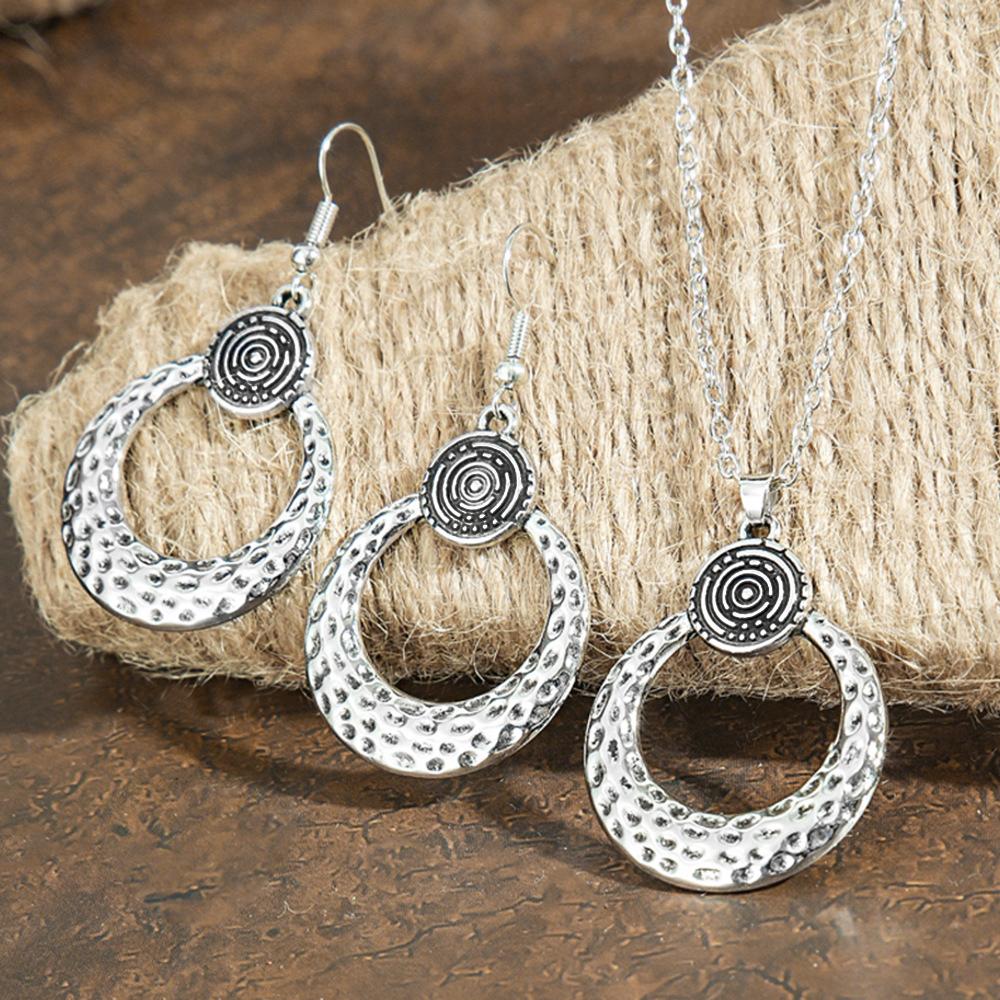 

Vintage Hammered Texture Geometric Earrings Necklaces for Women Fashion Ethnic Silver Color Personality Niche Jewelry