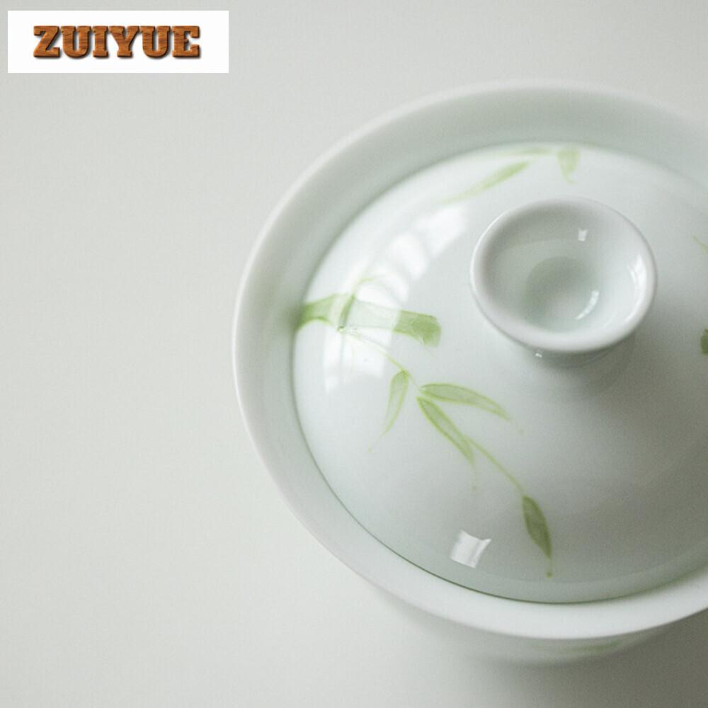 130ml Jade Mud Handmade Cover Bowl Household Hand-painted Green Bamboo Gaiwan Luxury Anti Scald Tea Tureen Tea Making Craft Gift