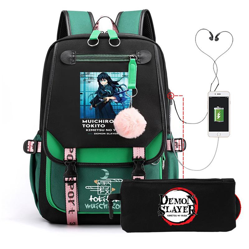 Casual Korean version schoolbag ghost extermination animation two-dimensional trend boys and girls USB backpack two-piece set