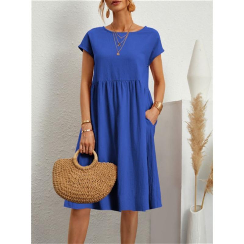 Abito Donna in Cotone Girocollo Manica Corta Linea ad A Ampio Casual Midi Abito Estivo da Sole