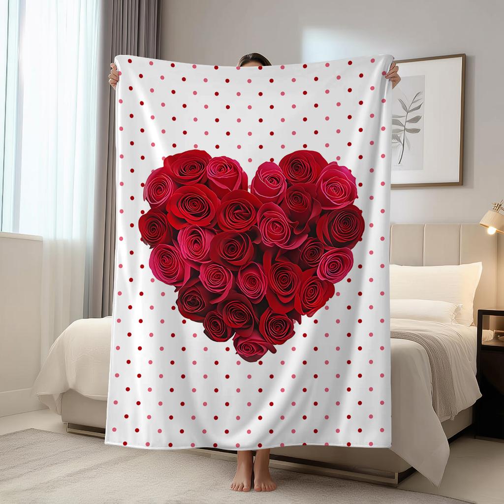 1pc Valentine's Day blanket, ultra soft and comfortable nap blanket, romantic heart-shaped rose printed flannel shawl blanket
