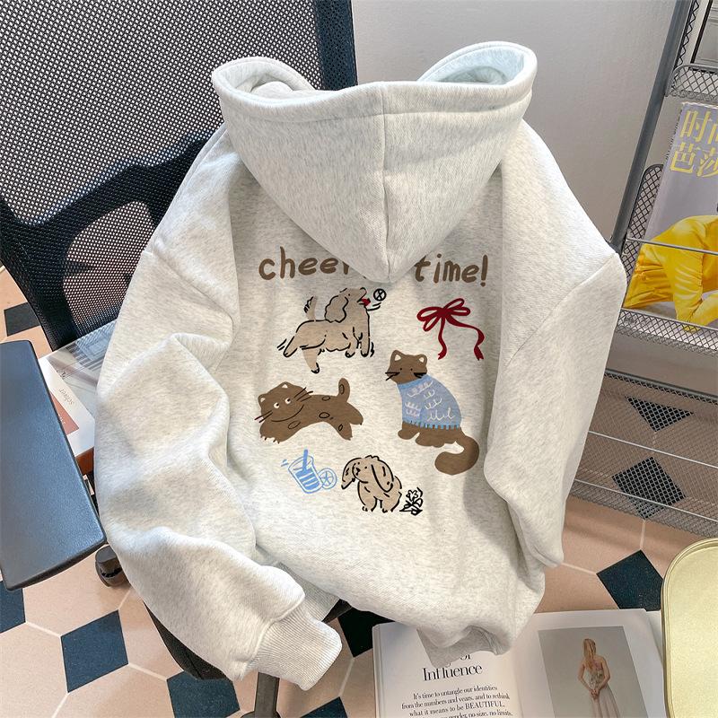 Autumn and winter new women's American heavy-duty fleece thickened hooded sweater men's fashion loose student couple coat