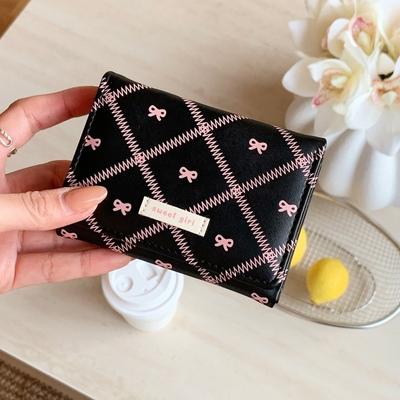 Portable Sweet Bow Wallet Three Fold Mini Cute Card Holder Coin Purse Flower Design Lightweight Leather Card Holder Girl