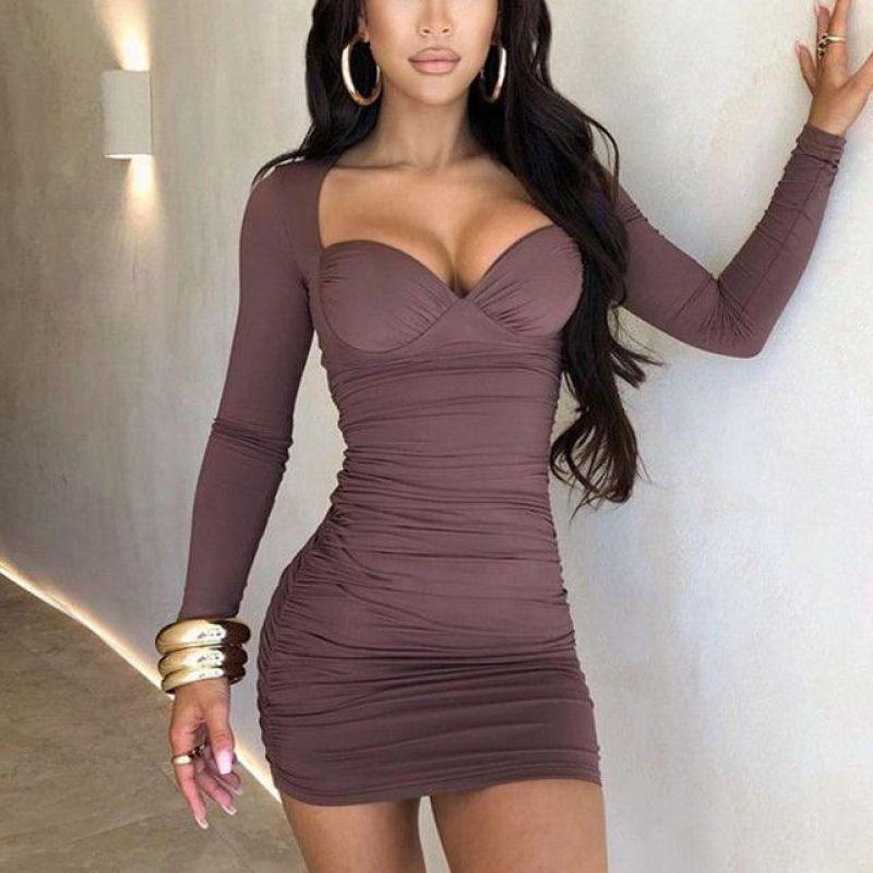 Wholesale European and American Style Hottie Sexy Big Neckline Design Long Sleeve Hip Skirt Tight and Thin Pleated Dress