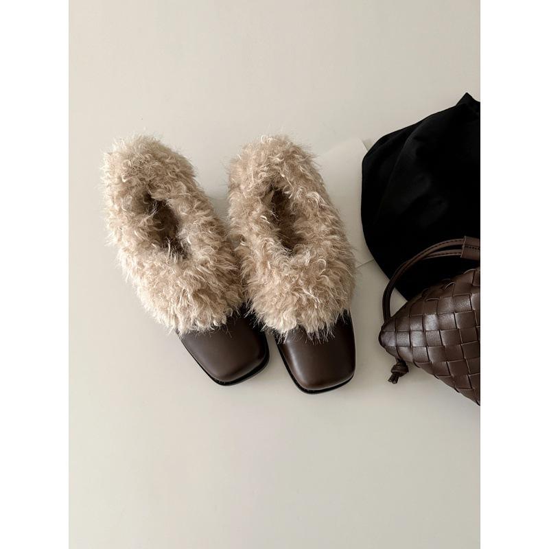 Cowhide Square Head Fluffy Shoes Women's One-pedal Retro Loafers with Fleece Warm Small Leather Shoes Cotton Shoes Thick Heels Single Shoes