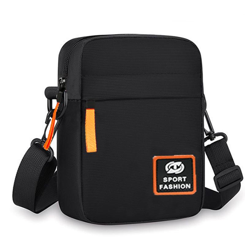 Durable Solid Men’s Crossbody Pack, Slim Lightweight Shoulder Bag with Contrast Orange Zip Decor and Patch