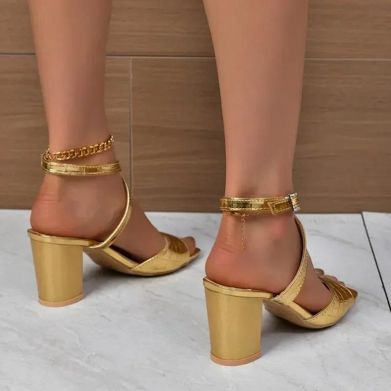 Fashion High Heeled Sandals for Women,  Summer New Item, Thick Heel, Metal Stone Pattern, Cross Buckle Women's Fashionable Women's Shoes