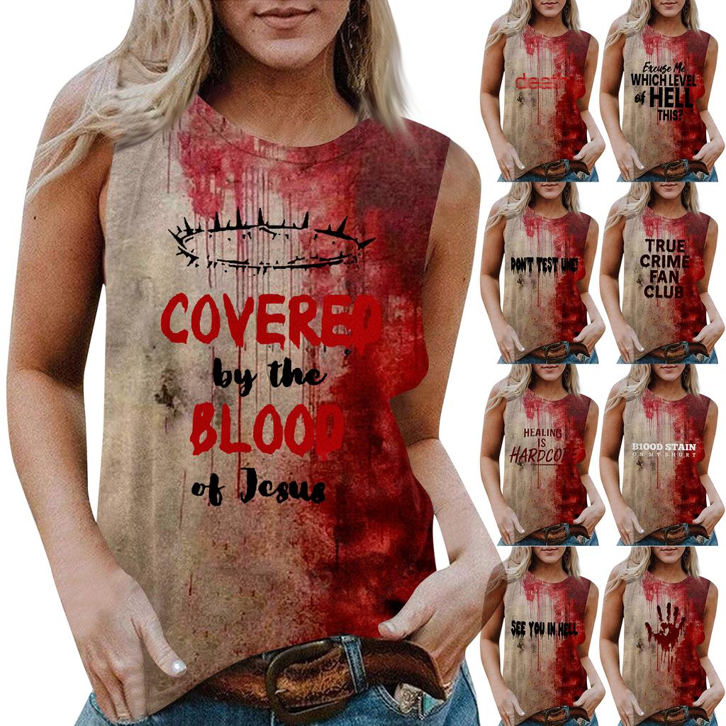 Women's Round Neck Casual Sleeveless Halloween Printed Vest T-Shirt Top