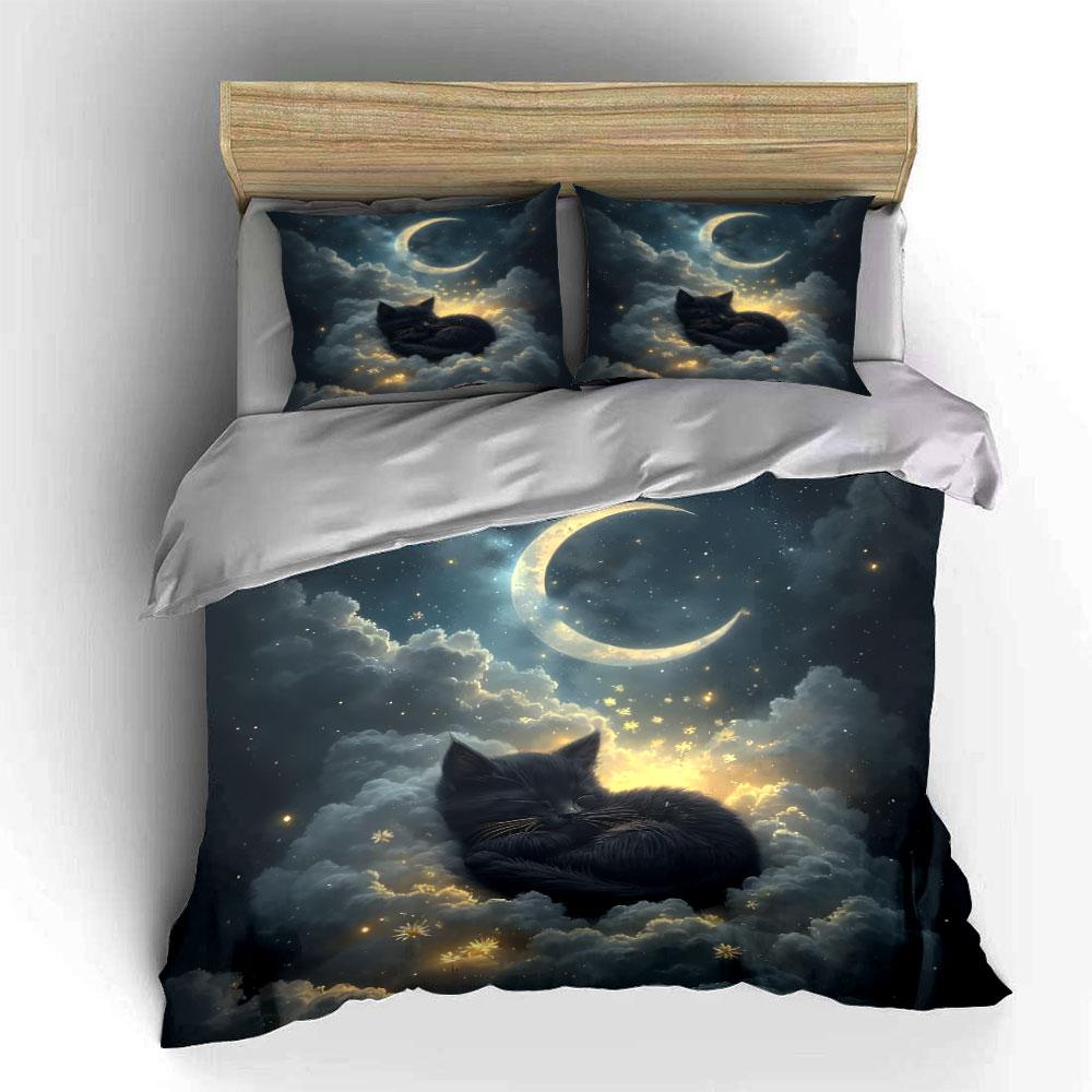 Dreamy Cat On Glowing Clouds Print Bedding Set 1 Duvet Cover 2 Pillowcases for Adult and Children Luxury Gift Full Size