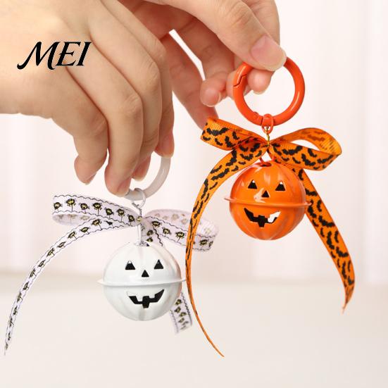 Hanging Bell Keychain Halloween Pumpkin Keychain, Hollow Head Key Ring Decorative with Ribbon Bow, Backpacks Charm for Holiday Party Decoration