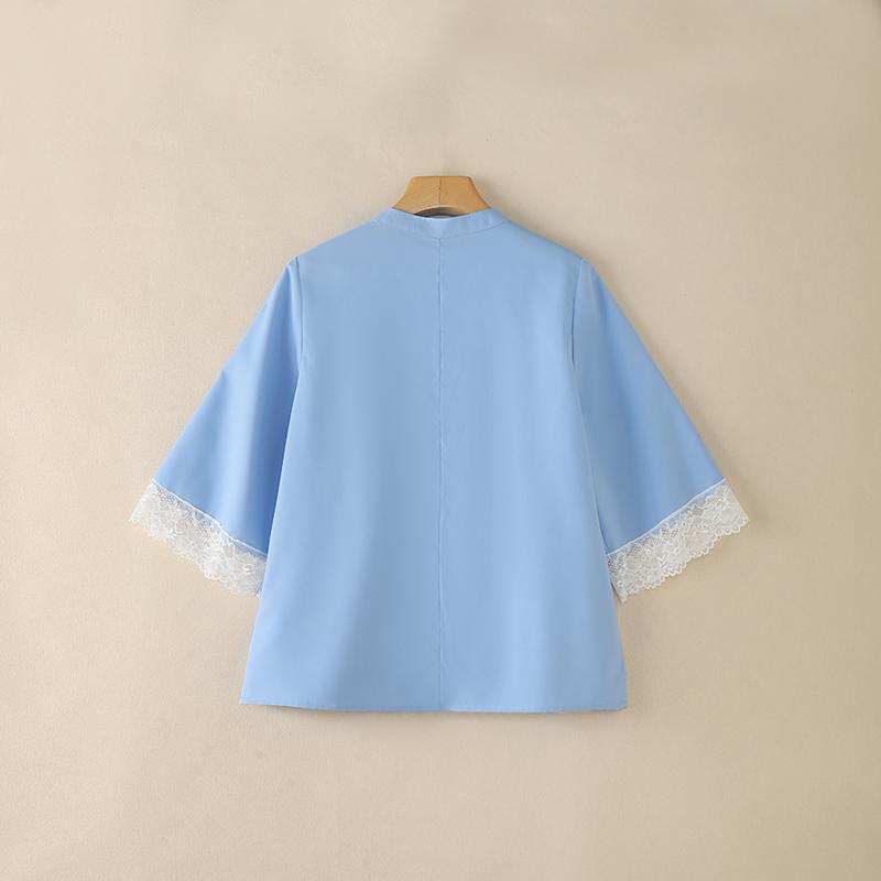 ZANZEA Women Casual Stand Color Lace Splice 3/4 Sleeve Loose Blouse