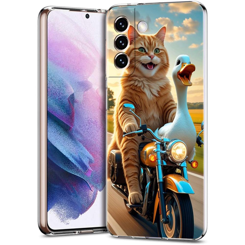 Transparent Phone Case Cover for Samsung Galaxy S25 S24 S23 S22 S20 S21 FE Ultra S24 S23 S10 S10E Plus A Cat Riding A Motorcycle S22 Plus 5G