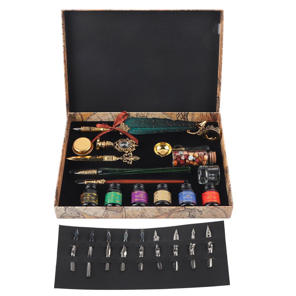Feather Pen Set European Style British Retro Lacquer Stamp Dipped In Water Quill Pen Set with InkDark Green